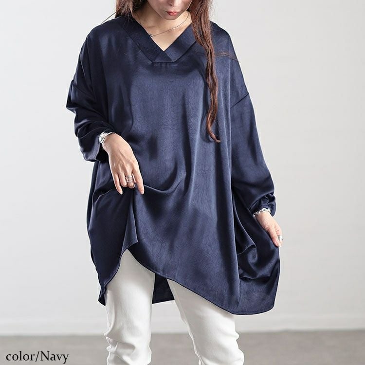 大きいサイズ レディース Vネックサイドタックドルマンチュニック　fem-519 【メール便可】