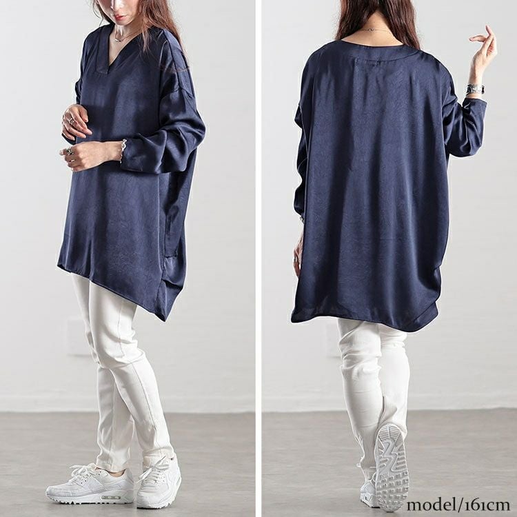 大きいサイズ レディース Vネックサイドタックドルマンチュニック　fem-519 【メール便可】