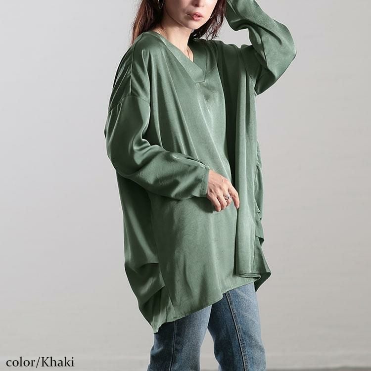 大きいサイズ レディース Vネックサイドタックドルマンチュニック　fem-519 【メール便可】 カーキ
