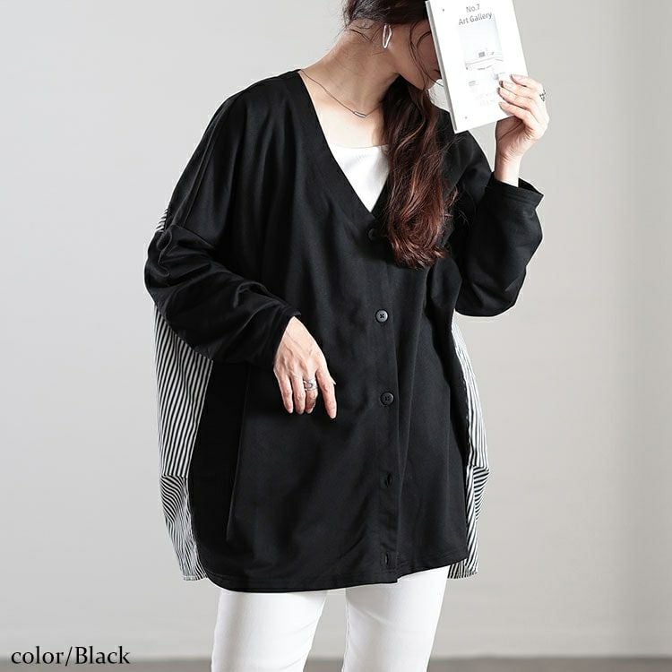 大きいサイズ レディース Vネックストライプ切り替えワイドカーディガン　fem-518