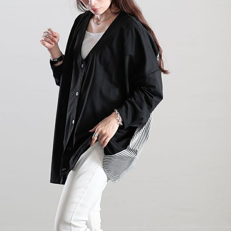 大きいサイズ レディース Vネックストライプ切り替えワイドカーディガン　fem-518