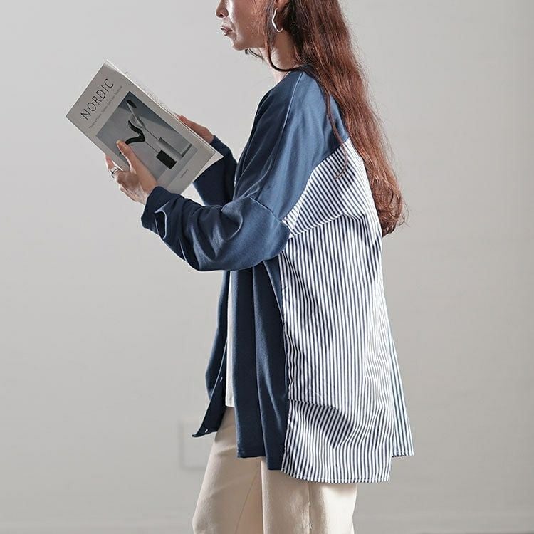 大きいサイズ レディース Vネックストライプ切り替えワイドカーディガン　fem-518