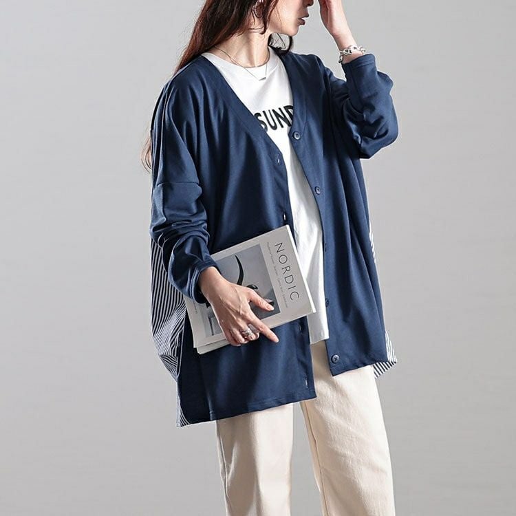 大きいサイズ レディース Vネックストライプ切り替えワイドカーディガン　fem-518