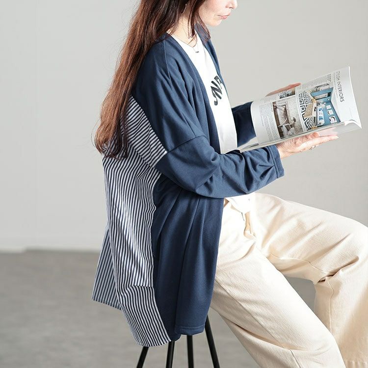 大きいサイズ レディース Vネックストライプ切り替えワイドカーディガン　fem-518