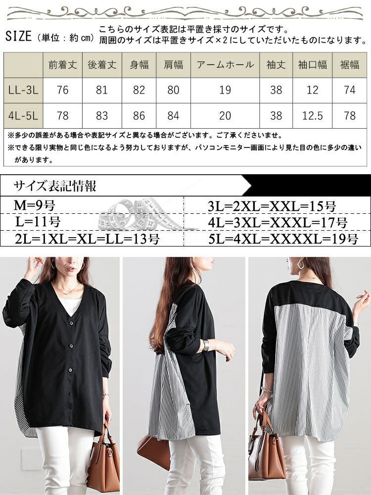 大きいサイズ レディース Vネックストライプ切り替えワイドカーディガン　fem-518