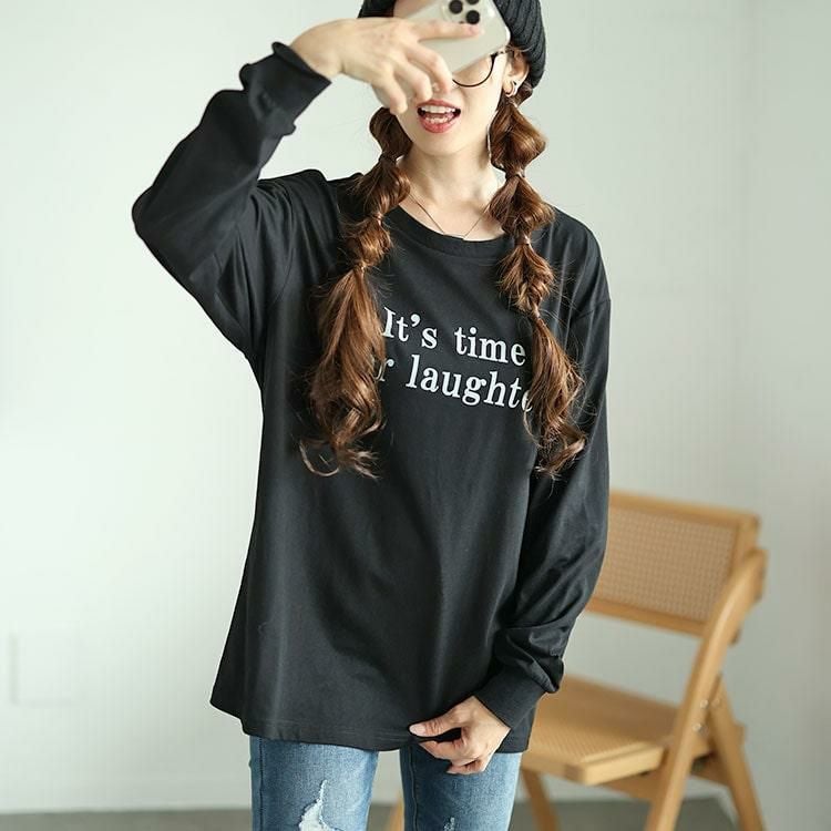 大きいサイズ レディース ロゴプリントロンT　fem-506 ブラック