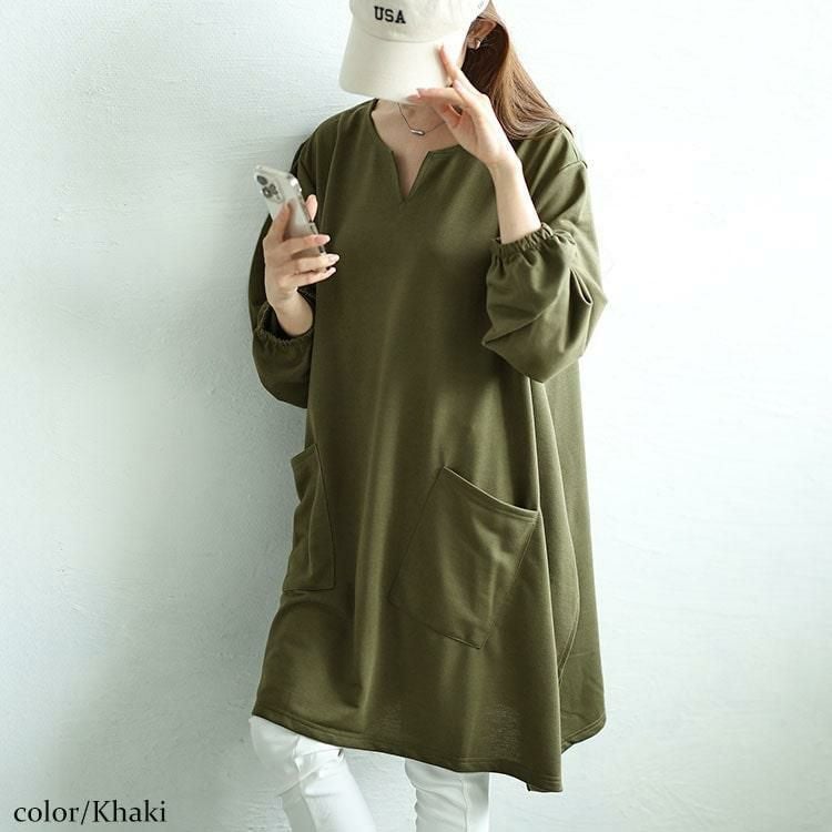 大きいサイズ レディース キーネックイレヘムチュニック　fem-509 カーキ