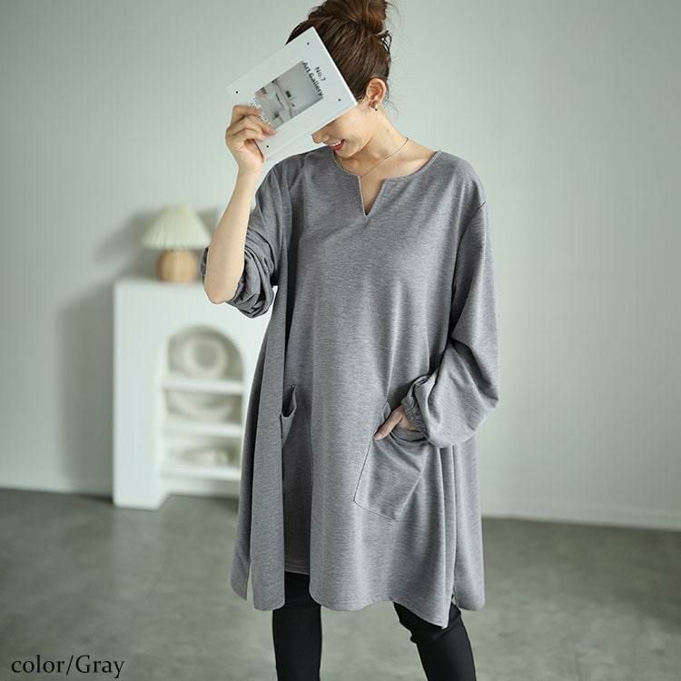 大きいサイズ レディース キーネックイレヘムチュニック　fem-509 杢グレー