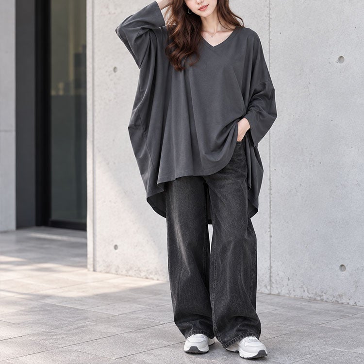 大きいサイズ レディース Vネックワイドコクーンチュニック　fem-502