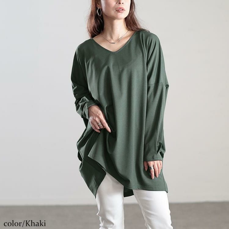 大きいサイズ レディース Vネックワイドコクーンチュニック　fem-502 カーキ