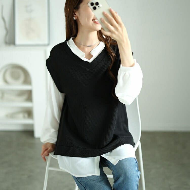 大きいサイズ レディース シフォンバンドカラーシャツフェイクレイヤードプルオーバー　cast-5546012