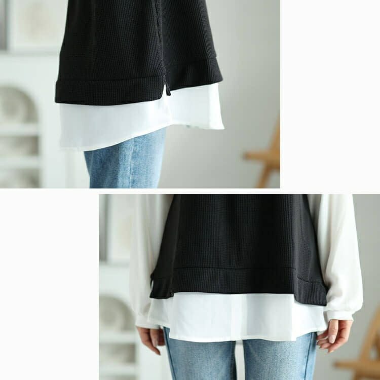 大きいサイズ レディース シフォンバンドカラーシャツフェイクレイヤードプルオーバー　cast-5546012