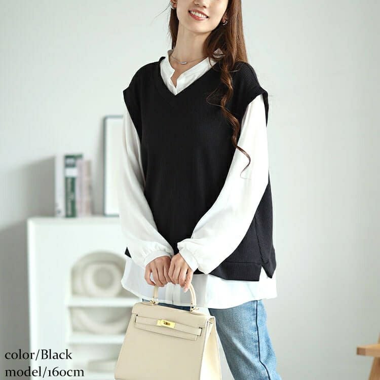 大きいサイズ レディース シフォンバンドカラーシャツフェイクレイヤードプルオーバー　cast-5546012