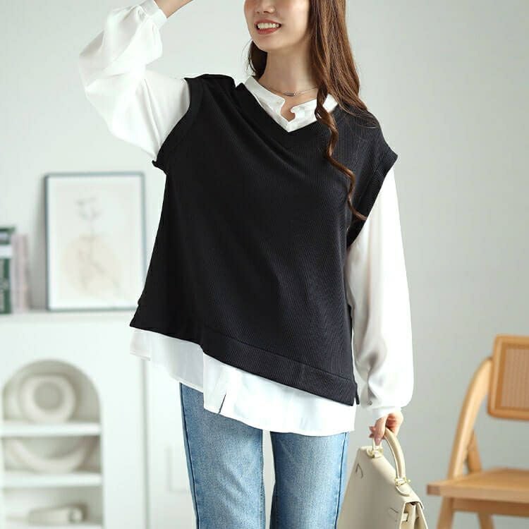 大きいサイズ レディース シフォンバンドカラーシャツフェイクレイヤードプルオーバー　cast-5546012