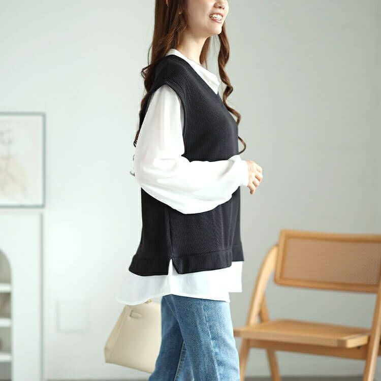 大きいサイズ レディース シフォンバンドカラーシャツフェイクレイヤードプルオーバー　cast-5546012