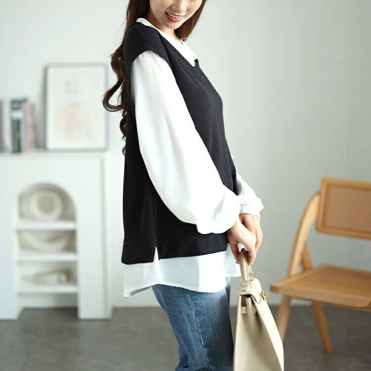 大きいサイズ レディース シフォンバンドカラーシャツフェイクレイヤードプルオーバー　cast-5546012