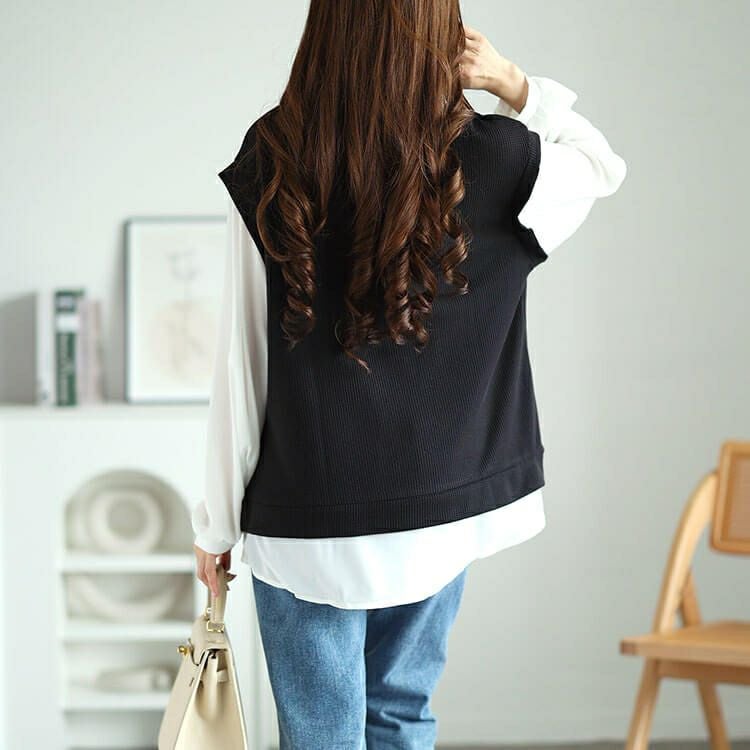 大きいサイズ レディース シフォンバンドカラーシャツフェイクレイヤードプルオーバー　cast-5546012