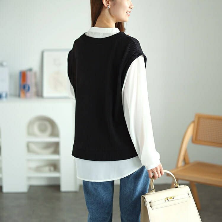 大きいサイズ レディース シフォンバンドカラーシャツフェイクレイヤードプルオーバー　cast-5546012