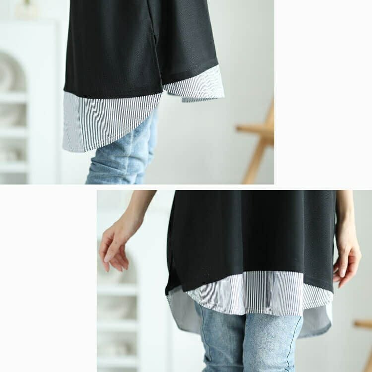 大きいサイズ レディース ストライプ切り替えワッフルチュニック　cast-5546020 【メール便可】