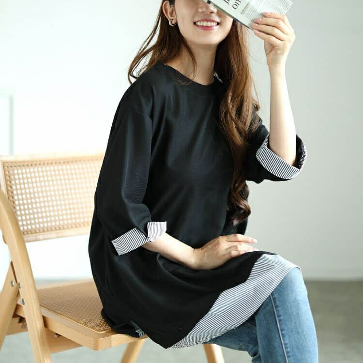 大きいサイズ レディース ストライプ切り替えワッフルチュニック　cast-5546020 【メール便可】