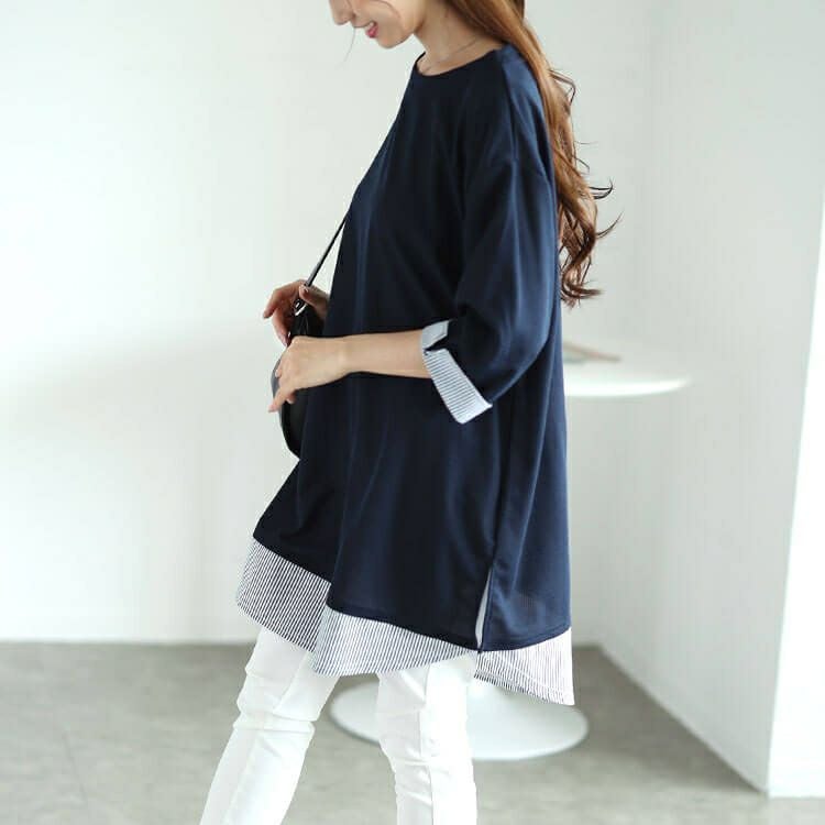 大きいサイズ レディース ストライプ切り替えワッフルチュニック　cast-5546020 【メール便可】