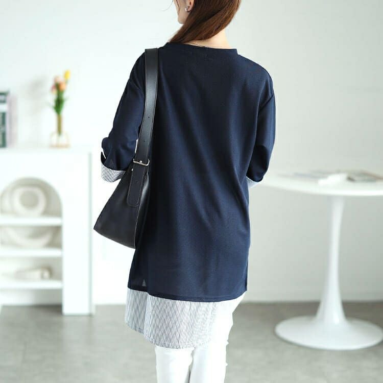 大きいサイズ レディース ストライプ切り替えワッフルチュニック　cast-5546020 【メール便可】