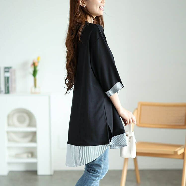 大きいサイズ レディース ストライプ切り替えワッフルチュニック　cast-5546020 【メール便可】