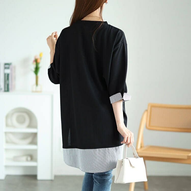 大きいサイズ レディース ストライプ切り替えワッフルチュニック　cast-5546020 【メール便可】