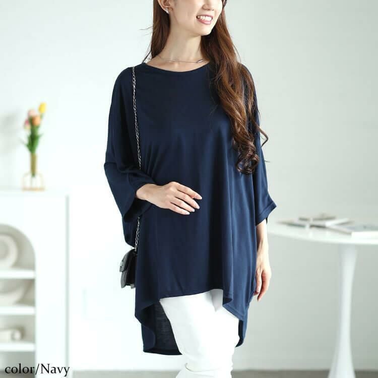大きいサイズ レディース テールカットワイドドルマンプルオーバー　cast-5546018 【メール便可】 ネイビー