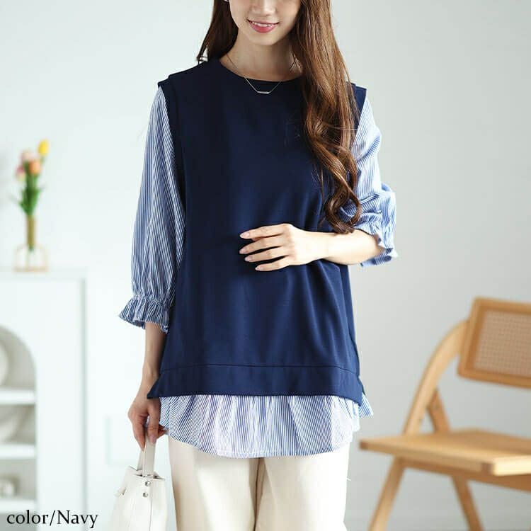 大きいサイズ レディース フェイクレイヤードキャンディスリーブチュニック　cast-5546022