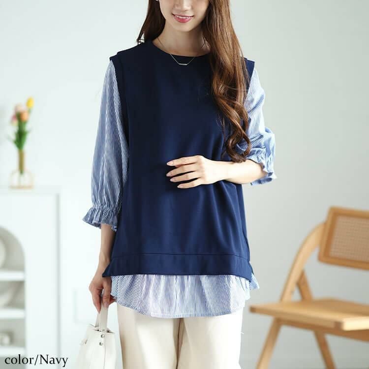 大きいサイズ レディース フェイクレイヤードキャンディスリーブチュニック　cast-5546022 ネイビー