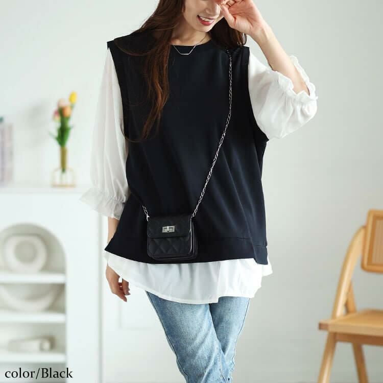 大きいサイズ レディース フェイクレイヤードキャンディスリーブチュニック　cast-5546022 ブラック