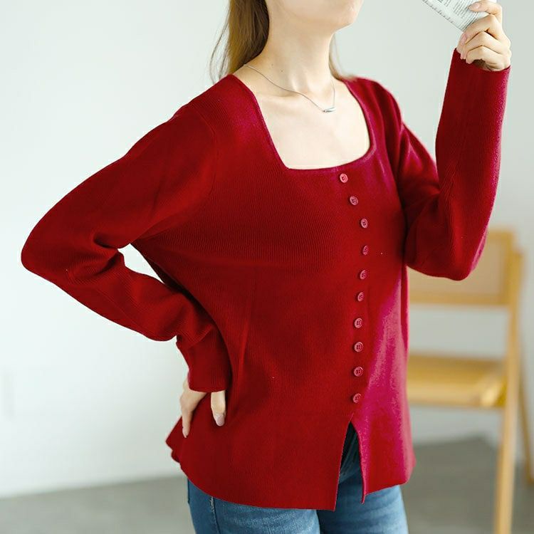 大きいサイズ レディース スクエアネックニットプルオーバー　goldy-1570