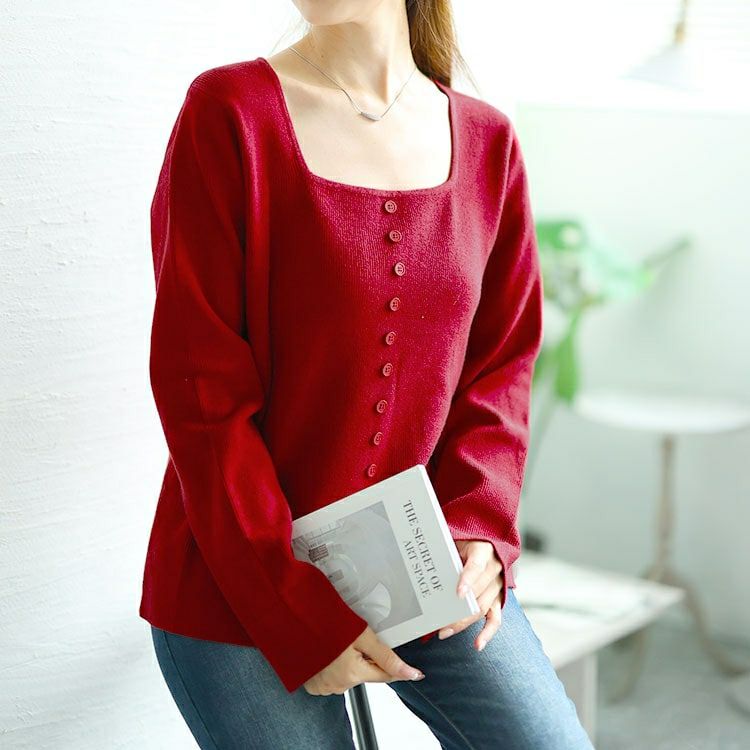 大きいサイズ レディース スクエアネックニットプルオーバー　goldy-1570