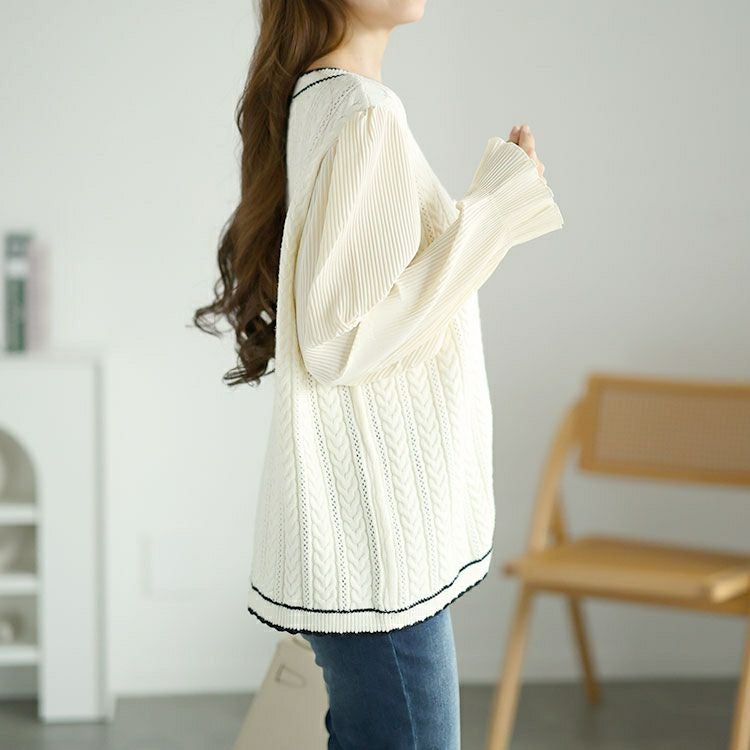 大きいサイズ レディース プリーツ袖切替えニットトップス　goldy-1569