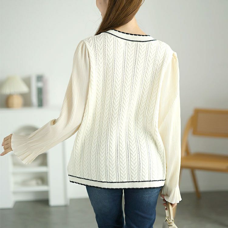 大きいサイズ レディース プリーツ袖切替えニットトップス　goldy-1569