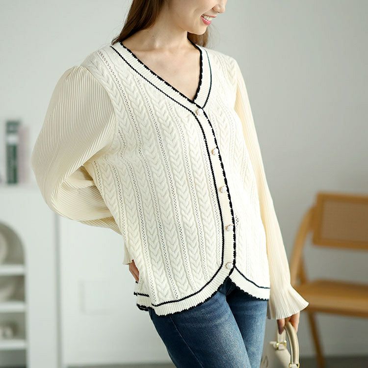 大きいサイズ レディース プリーツ袖切替えニットトップス　goldy-1569