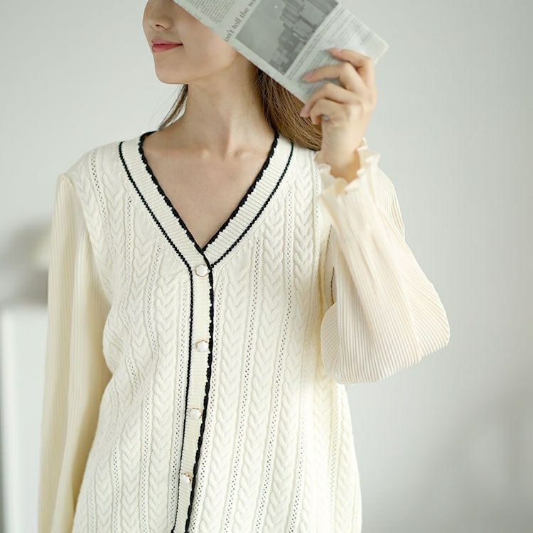 大きいサイズ レディース プリーツ袖切替えニットトップス　goldy-1569