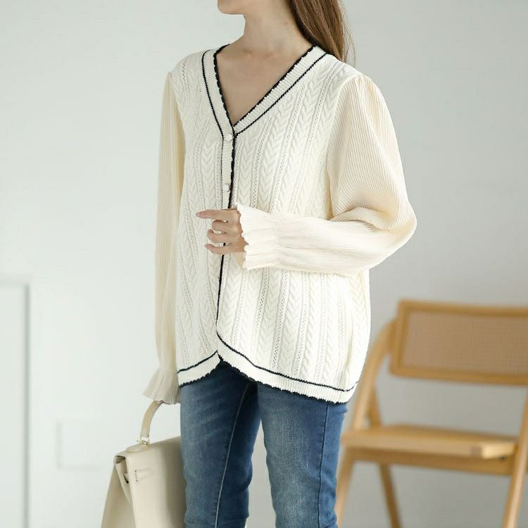 大きいサイズ レディース プリーツ袖切替えニットトップス　goldy-1569