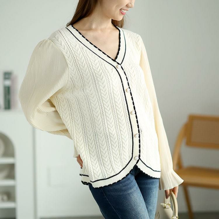 大きいサイズ レディース プリーツ袖切替えニットトップス　goldy-1569 オフホワイト