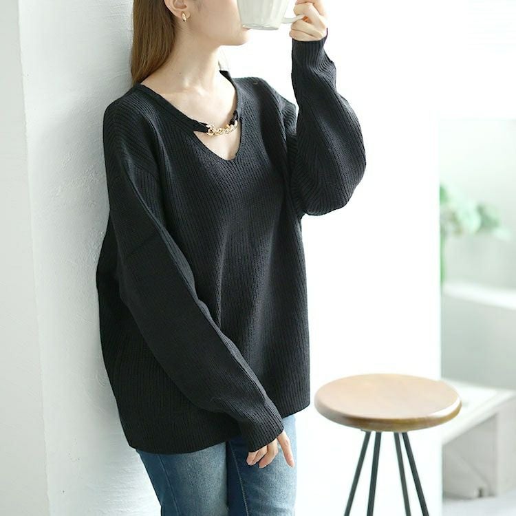 大きいサイズ レディース チェーン付きリブニット　goldy-1568