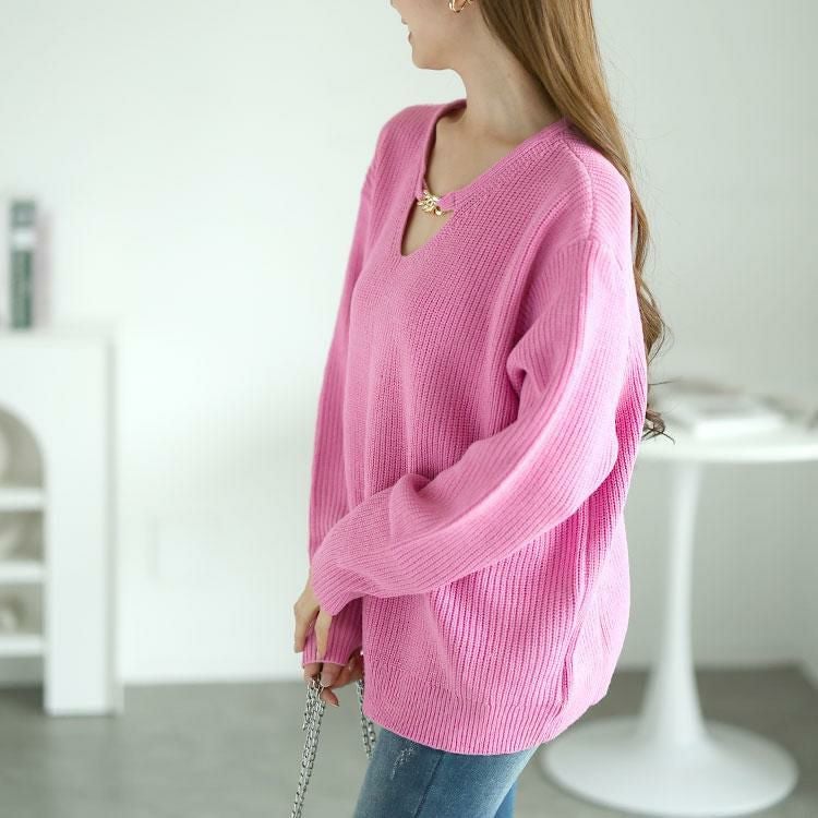 大きいサイズ レディース チェーン付きリブニット　goldy-1568 ピンク