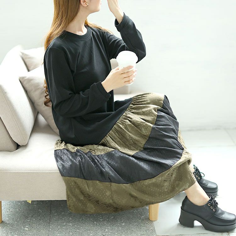 大きいサイズ レディース 異素材切替えロングワンピース　goldy-1561