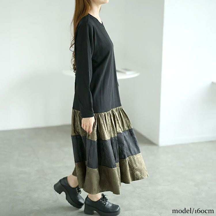 大きいサイズ レディース 異素材切替えロングワンピース　goldy-1561