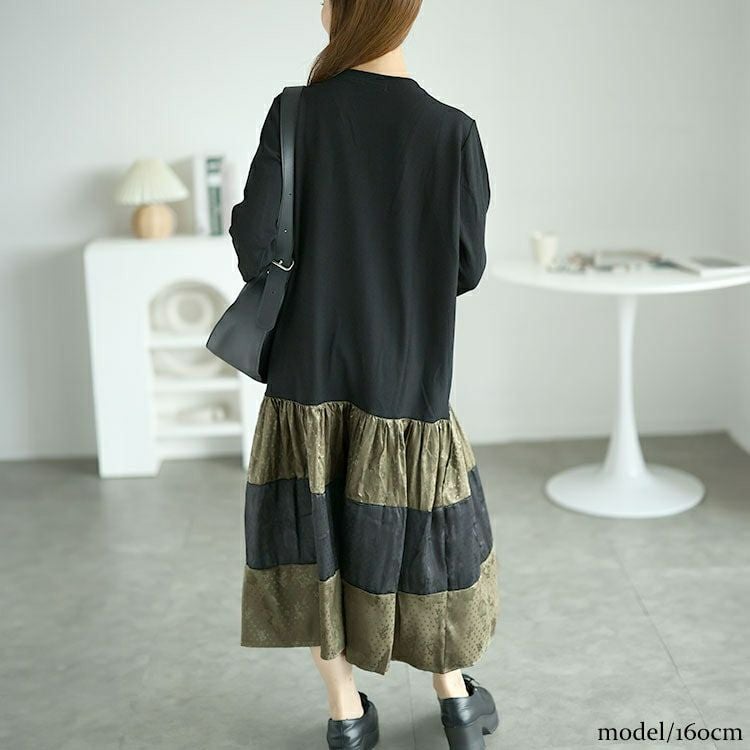 大きいサイズ レディース 異素材切替えロングワンピース　goldy-1561