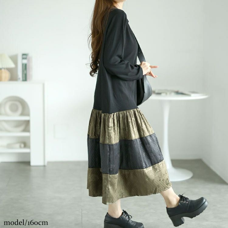 大きいサイズ レディース 異素材切替えロングワンピース　goldy-1561