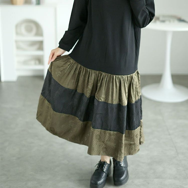 大きいサイズ レディース 異素材切替えロングワンピース　goldy-1561