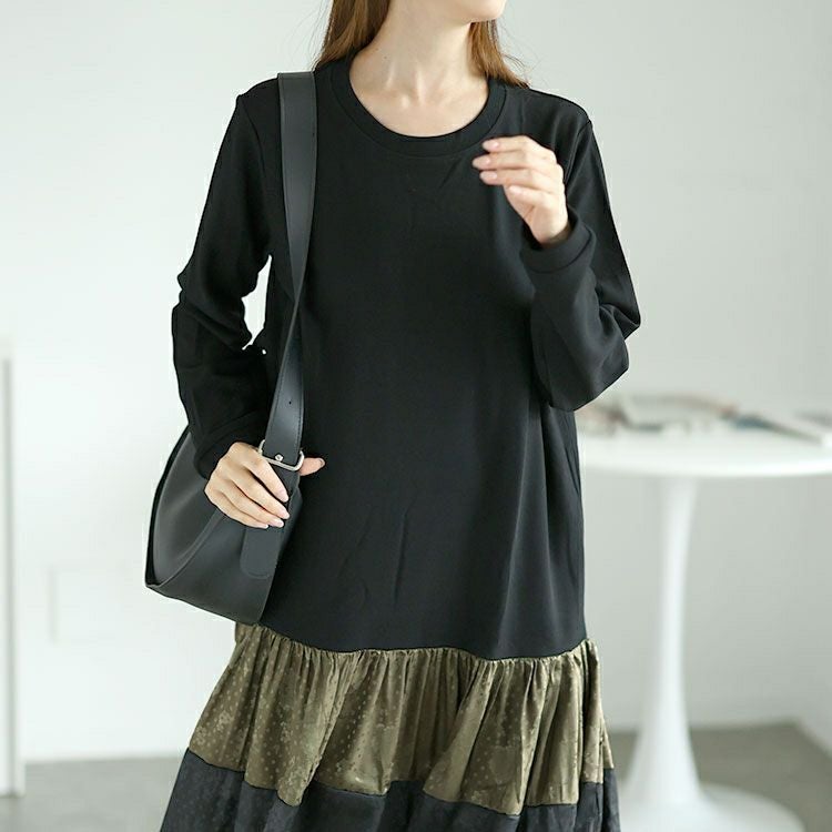 大きいサイズ レディース 異素材切替えロングワンピース　goldy-1561