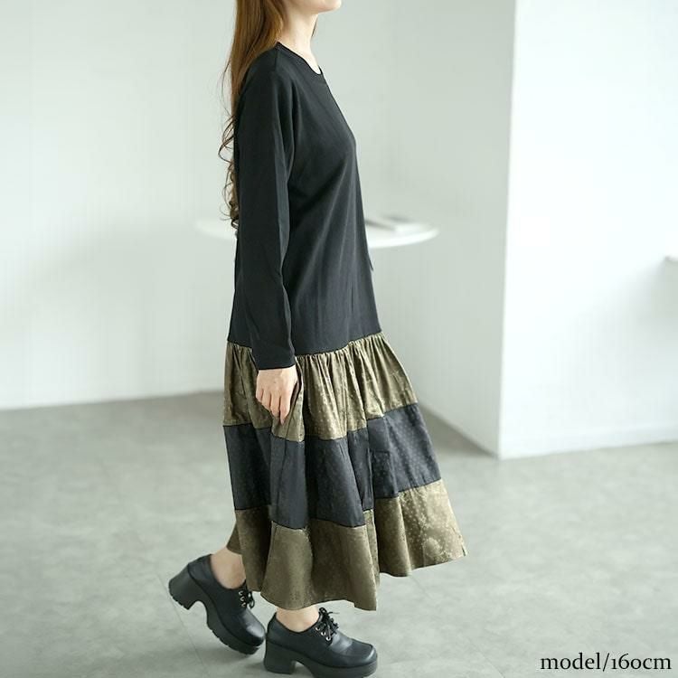 大きいサイズ レディース 異素材切替えロングワンピース　goldy-1561 ブラック