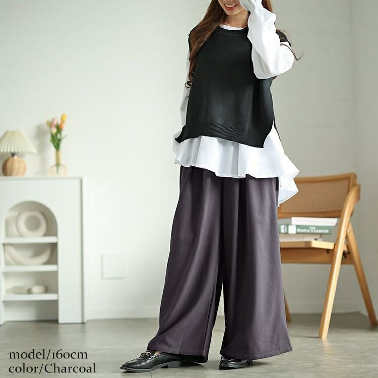 大きいサイズ レディース 裾が床につかないストレッチタックワイドパンツ　kt-152